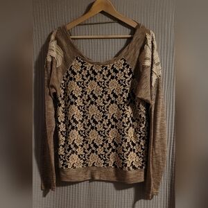 Miss Me Beige Floral Lace Knit Top with Embelished Long Sleeves Size Medium